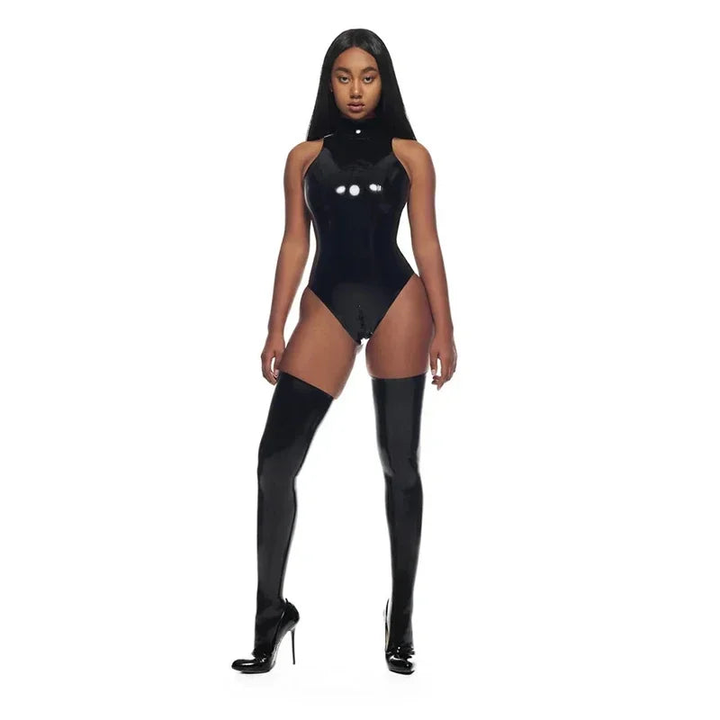 Classic High Neck Sleeveless Wet Look Bodysuit For Women