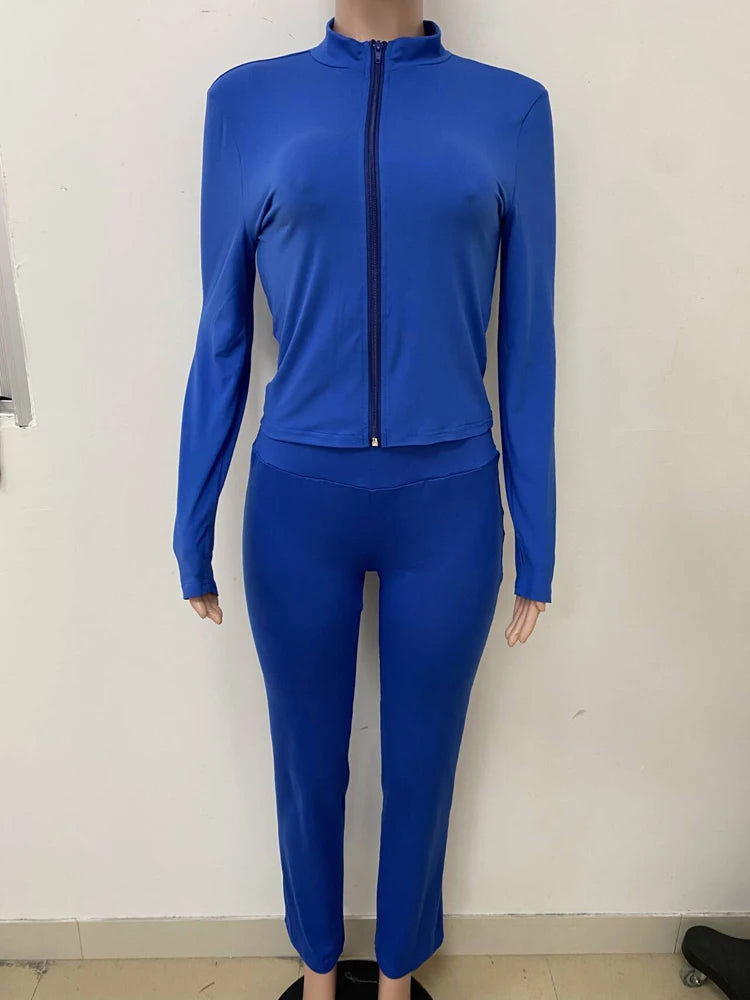 Zip Up Crop Top and High Waist Pants Tracksuit Set for Women