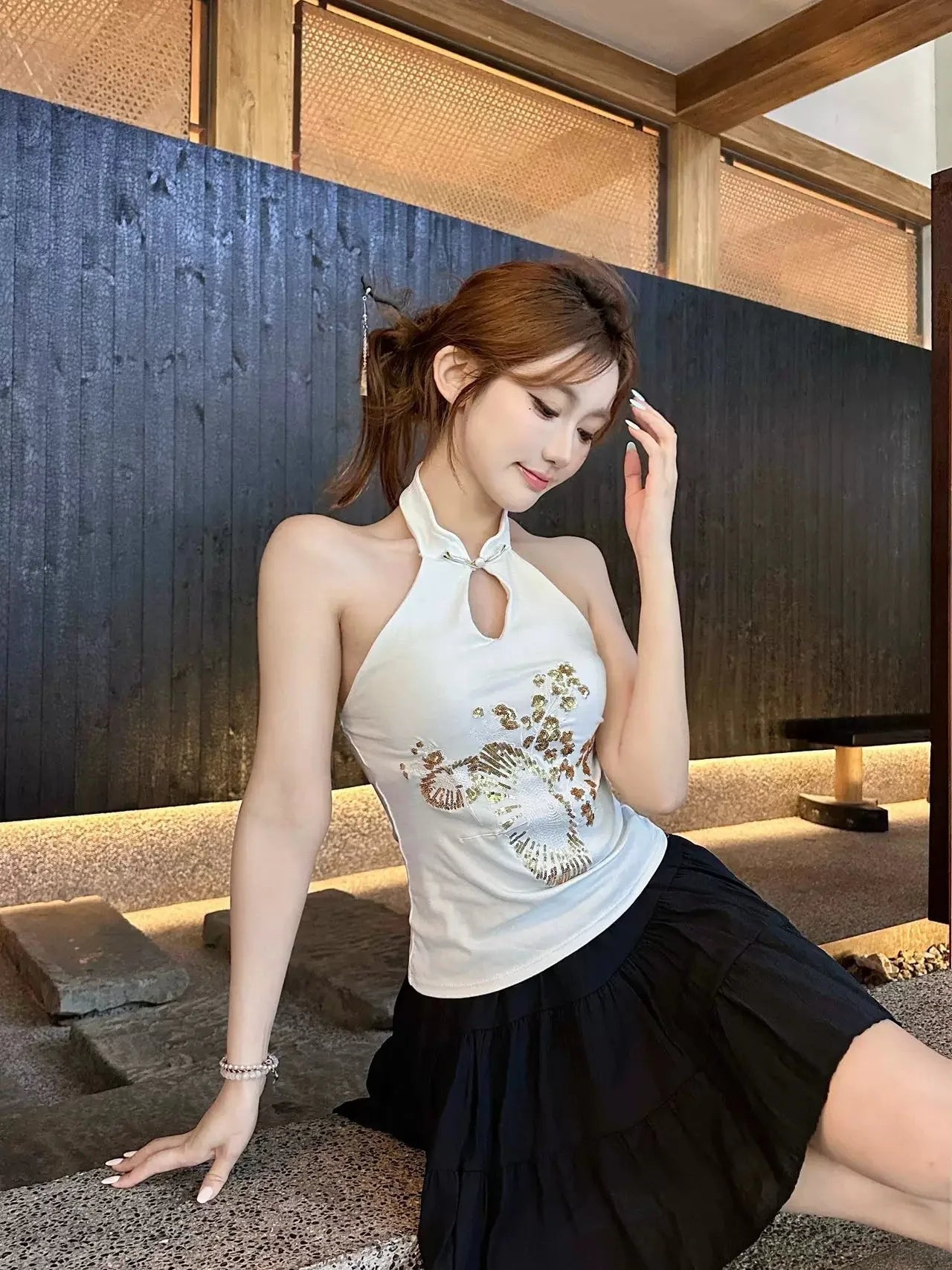 Vintage Sequin Embroidered Backless Camisole For Women