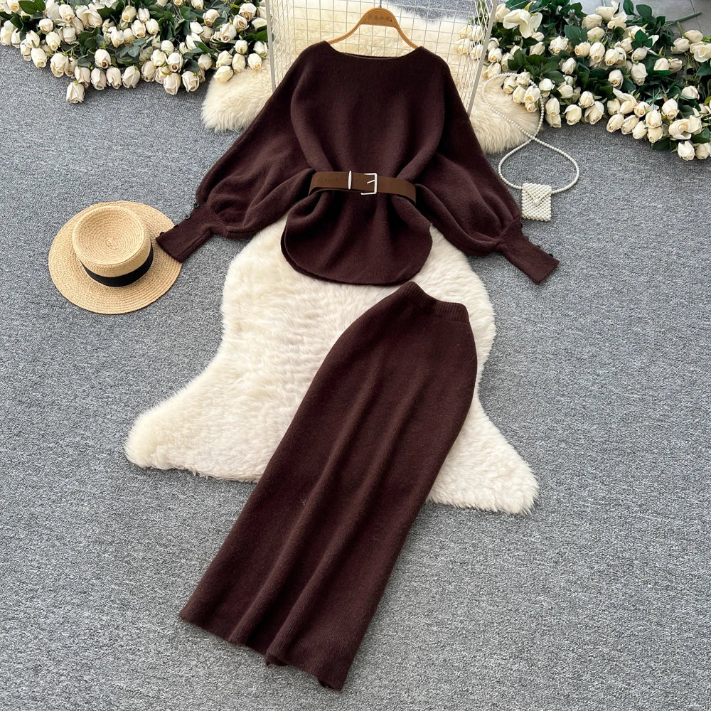 Batwing Sleeve Knit Top and High Waist Skirt Set for Women