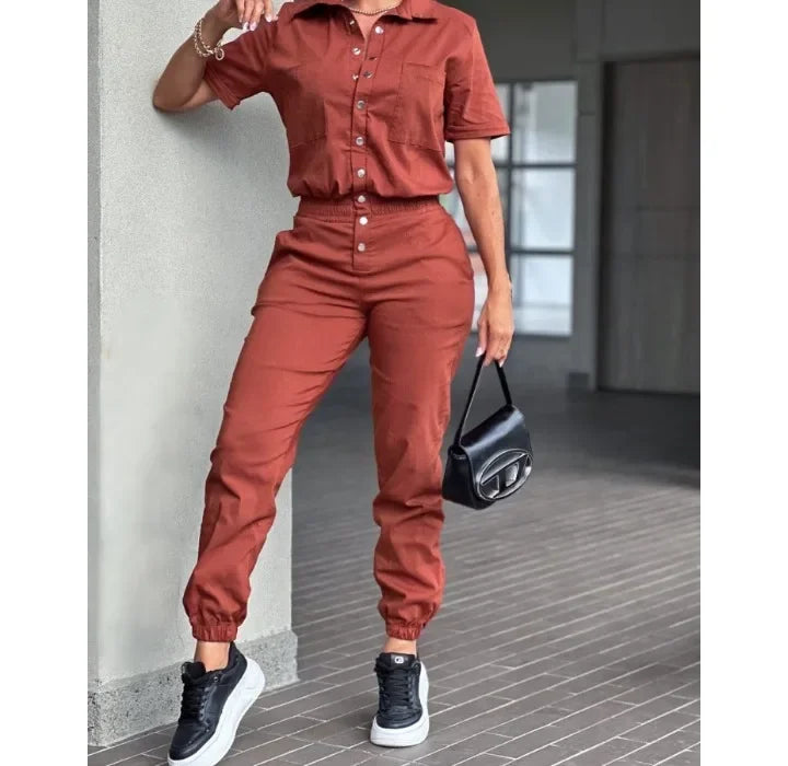 Women's Jumpsuit Summer 2025 Fashion Ankle Tied with A Lapel Pocket and Elastic Buttons At The Waist Short Sleeved Bodysuit Pant