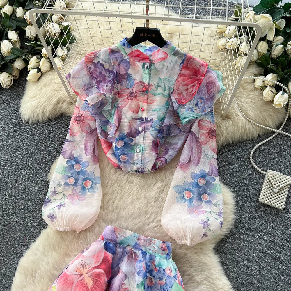 Floral Two Piece Skirt Set With Long Sleeves for Women