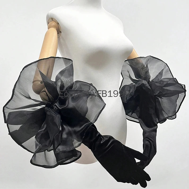 Elegant Velvet Elbow Length Ruffle Gloves for Women