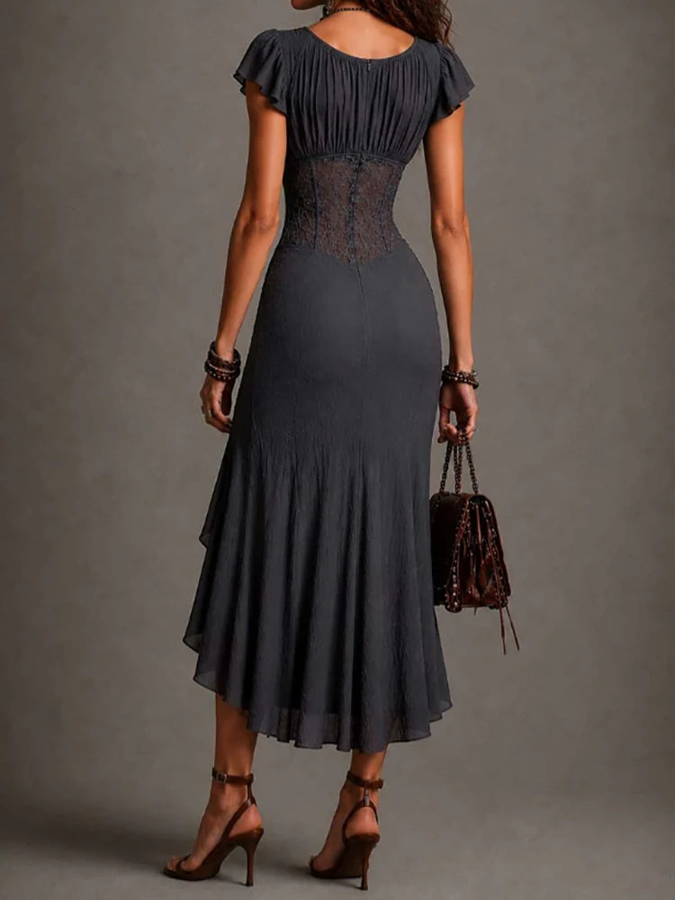 Ruffled Hollow Out V Neck Short Sleeve Midi Dress for Women