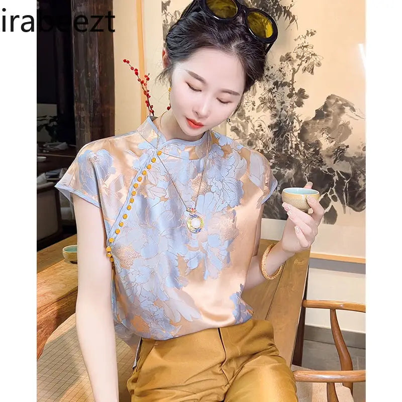 Chinese Inspired Floral Jacquard Satin Blouse For Women