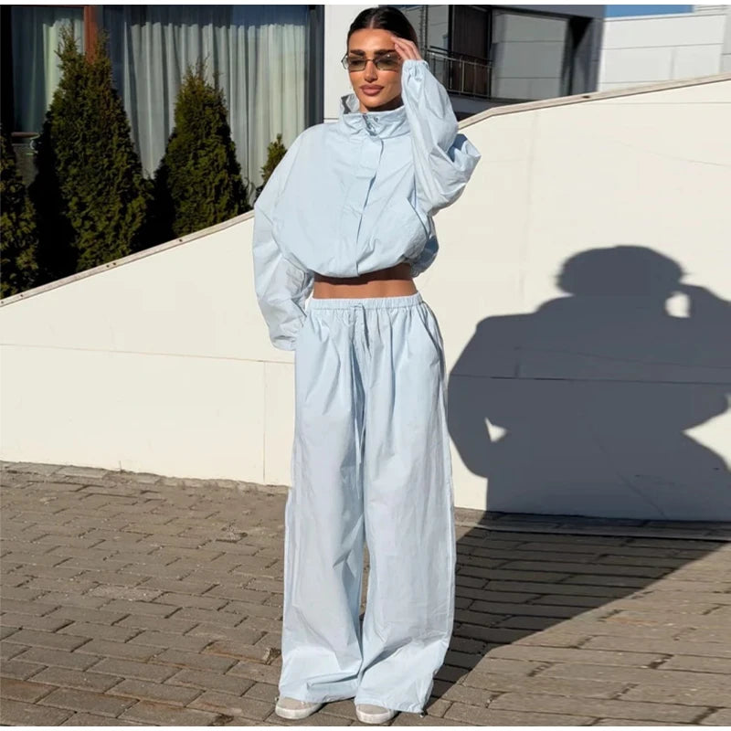 Solid Loose Suit Set with Stand Collar Crop Top and Drawstring Pants for Women