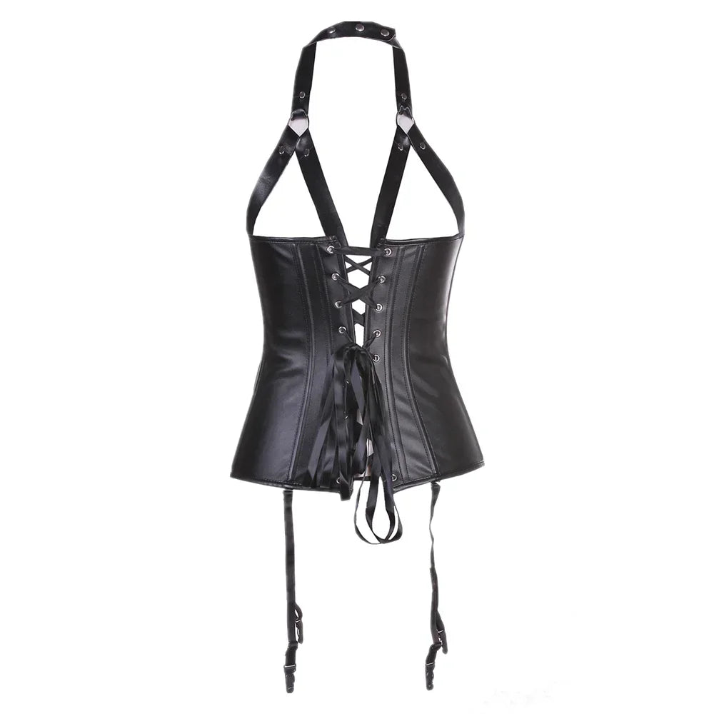Gothic Halter Underbust Steampunk Black Faux Leather Corset for Women