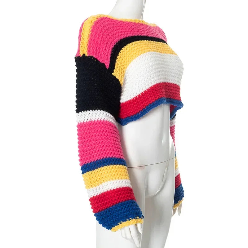 Rainbow Check Cropped Long Sleeve Knit Sweater for Women