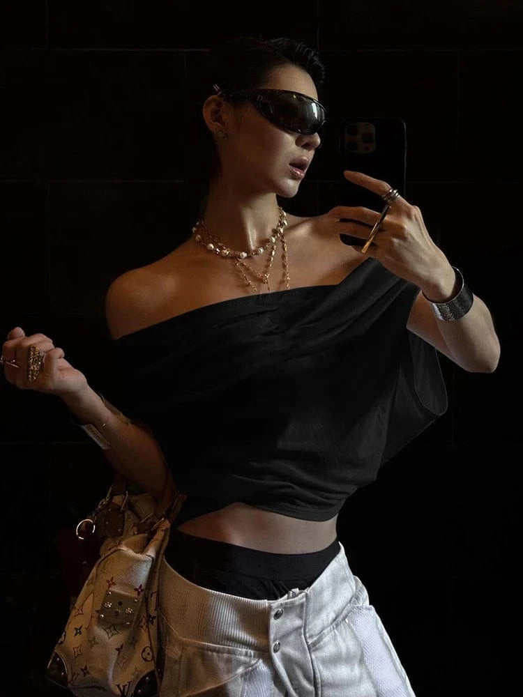 Weird Puss One Shoulder Crop Tops Women Folds Skinny Loose Summer Korean Style Simple Classic Casual Street Daily Harajuku Tops