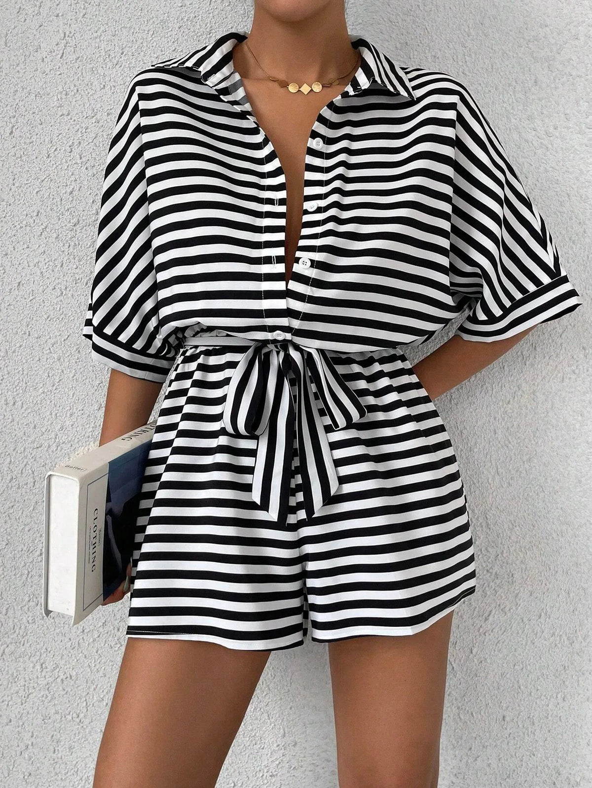 Casual Striped Batwing Sleeve Top And Shorts Set For Women