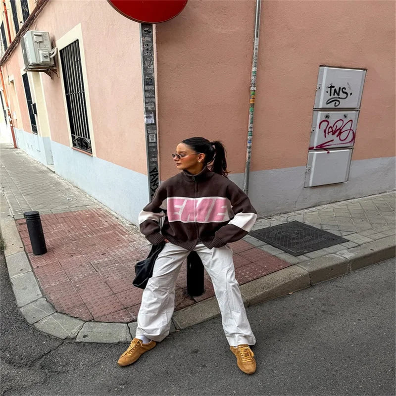 Letter Women 's Sweater Stand Collar Y2k Knit Sweaters For Woman Zipper Full Sleeve Tops Female 2025 Winter Men Jacket Knitwear