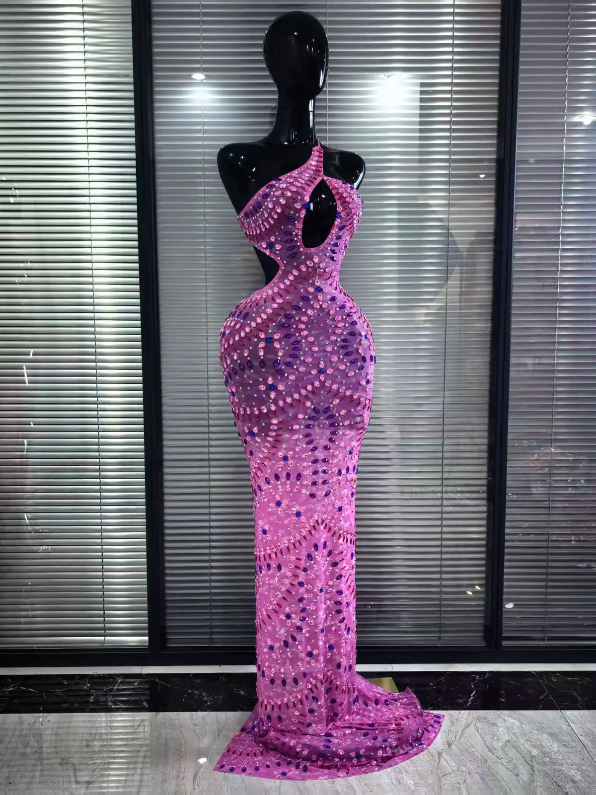 Pink Color Women Sexy Halter Backless Mesh See Through Bodycon Floor-length Mermaid Dress Birthday Party Cocktail Outfit