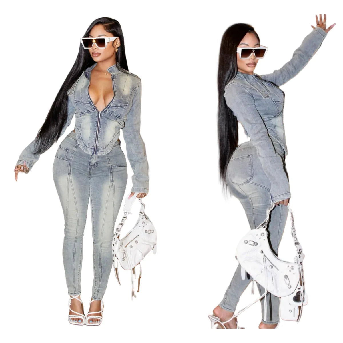 Classic Blue Denim Two Piece Matching Outfit Set for Women