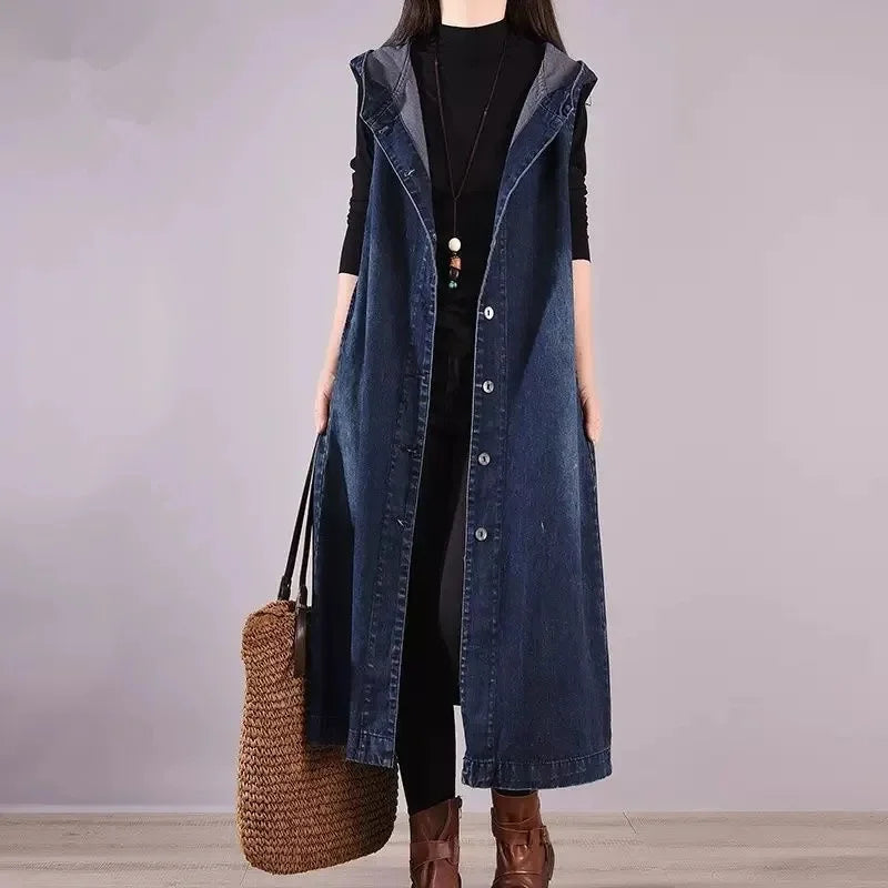 Loose Fit Hooded Denim Vest With Big Pockets For Women