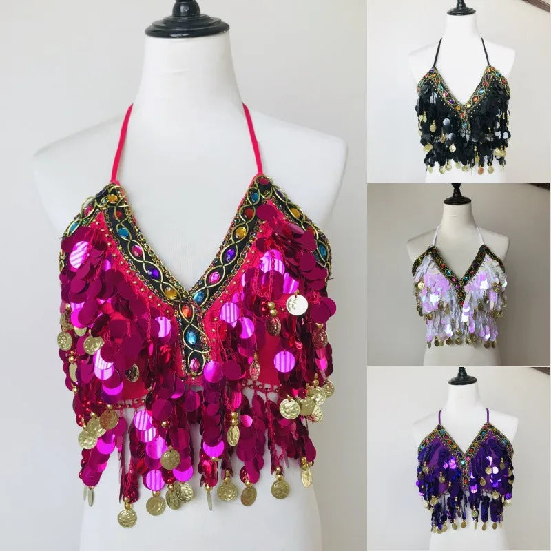 Shiny Colored Sequin Diamond Halter Crop Top for Women