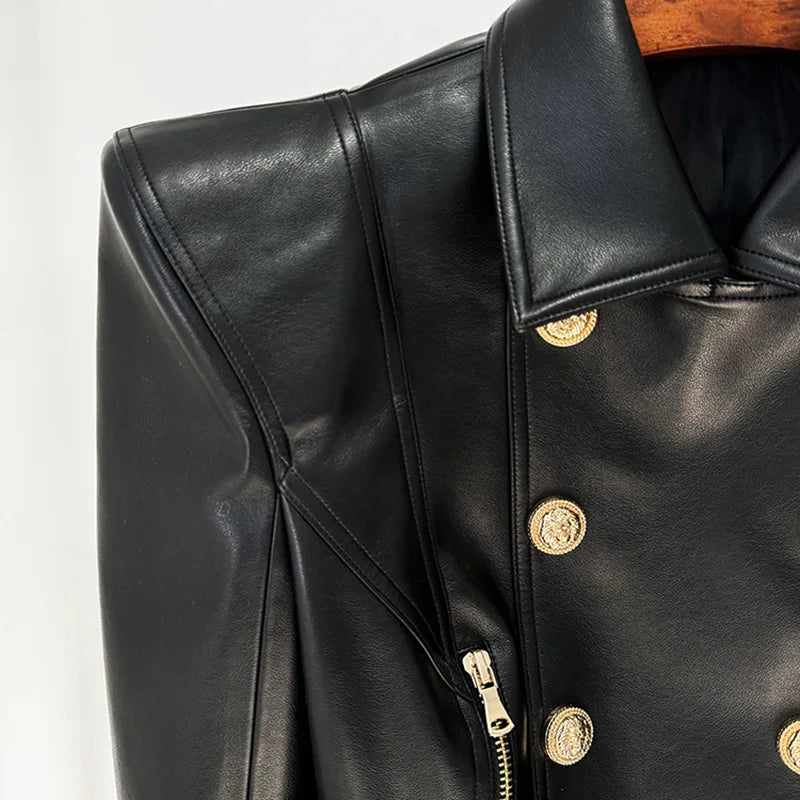 Double Breasted Faux Leather Motorcycle Jacket for Women