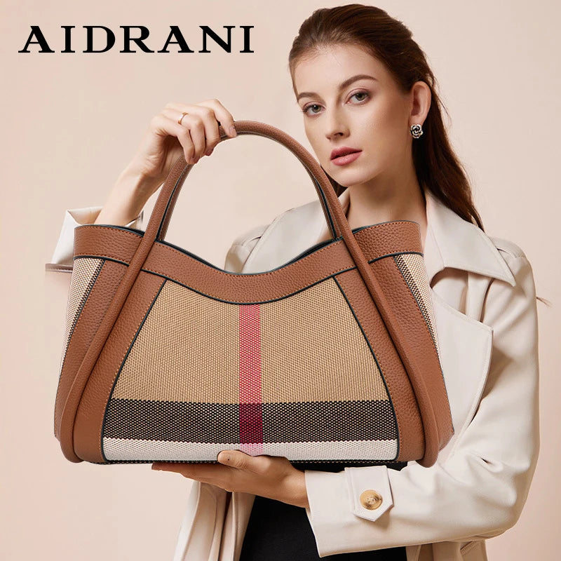 Retro Checkered Large Capacity Canvas And Leather Handbag for Women