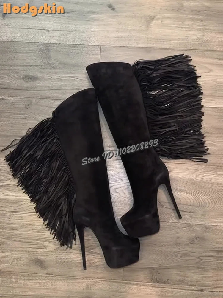 Fringe Suede Knee High Platform Heeled Boots for Women