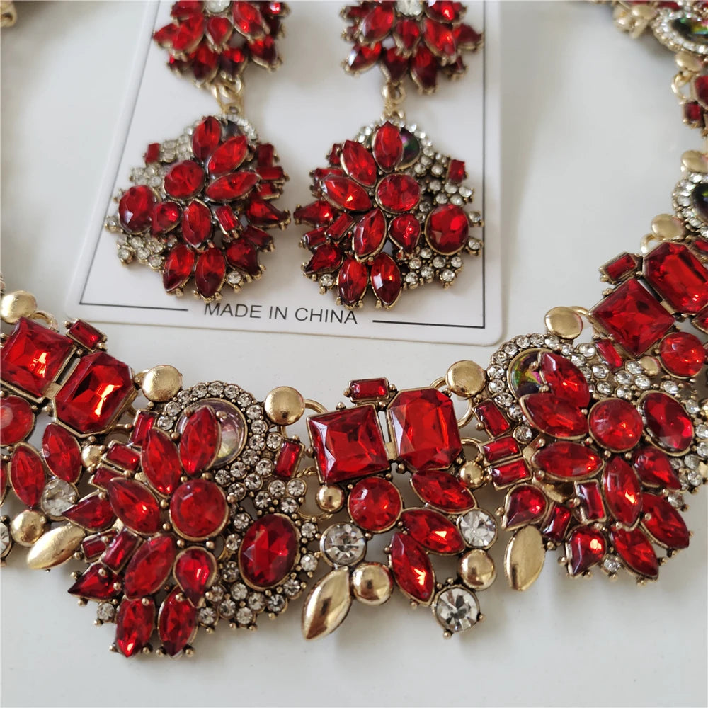 Red Crystal Statement Necklace and Earrings Set for Women