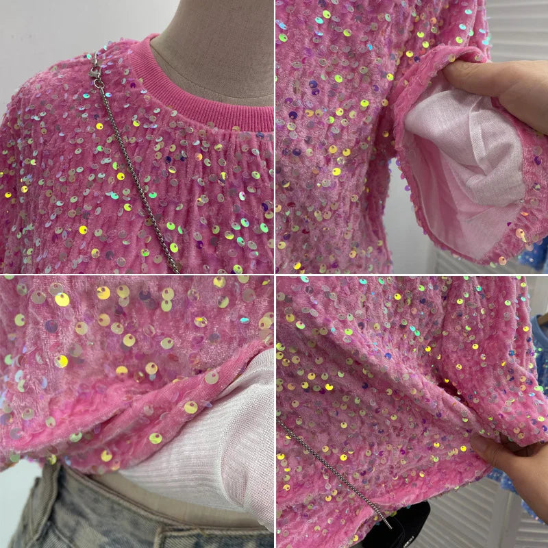 Spicy Girl Pink Sequins Short Sleeve T-shirt Round Neck Slimming Crop Top Blingbling Sexy Nightclub Multi Color Casual Tees