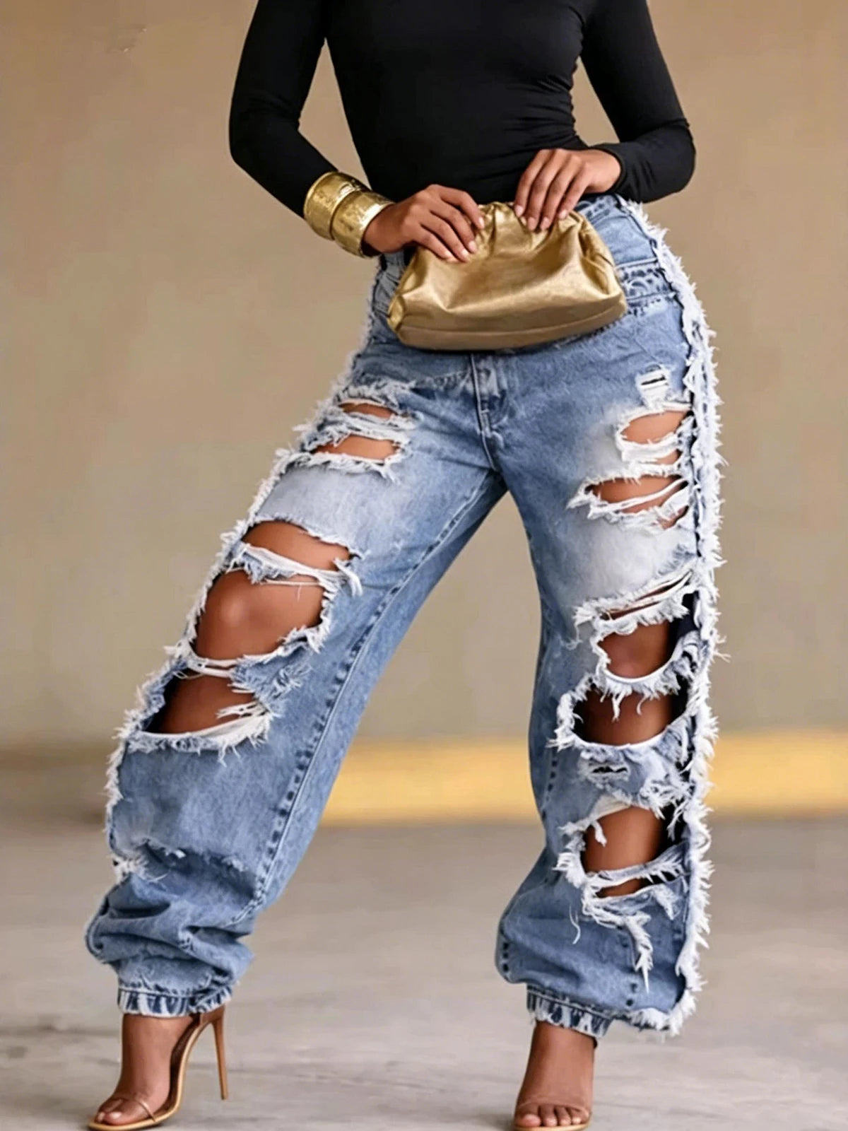 Heavy Ripped Wide Leg Distressed Denim Jeans for Women
