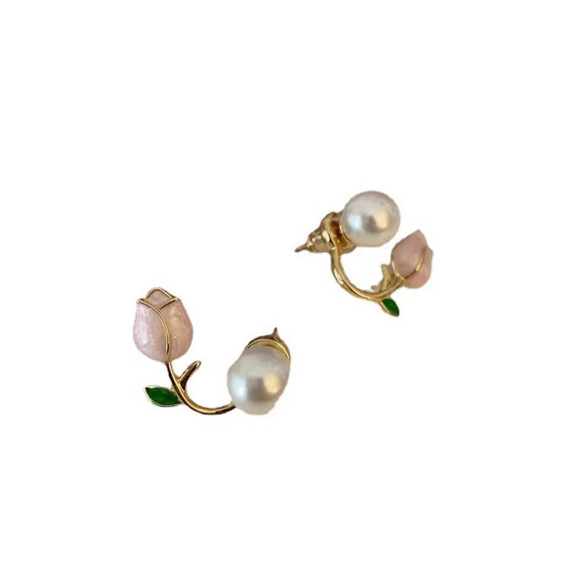 Pearl Tulip Enamel Stud Earrings With Zircon Drops for Women