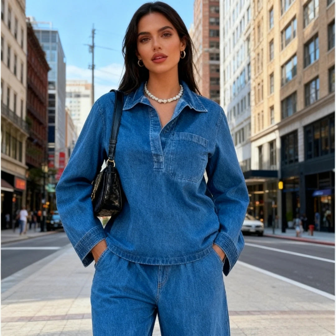 Matching Two Piece Denim Shirt and Wide Leg Pants Set for Women
