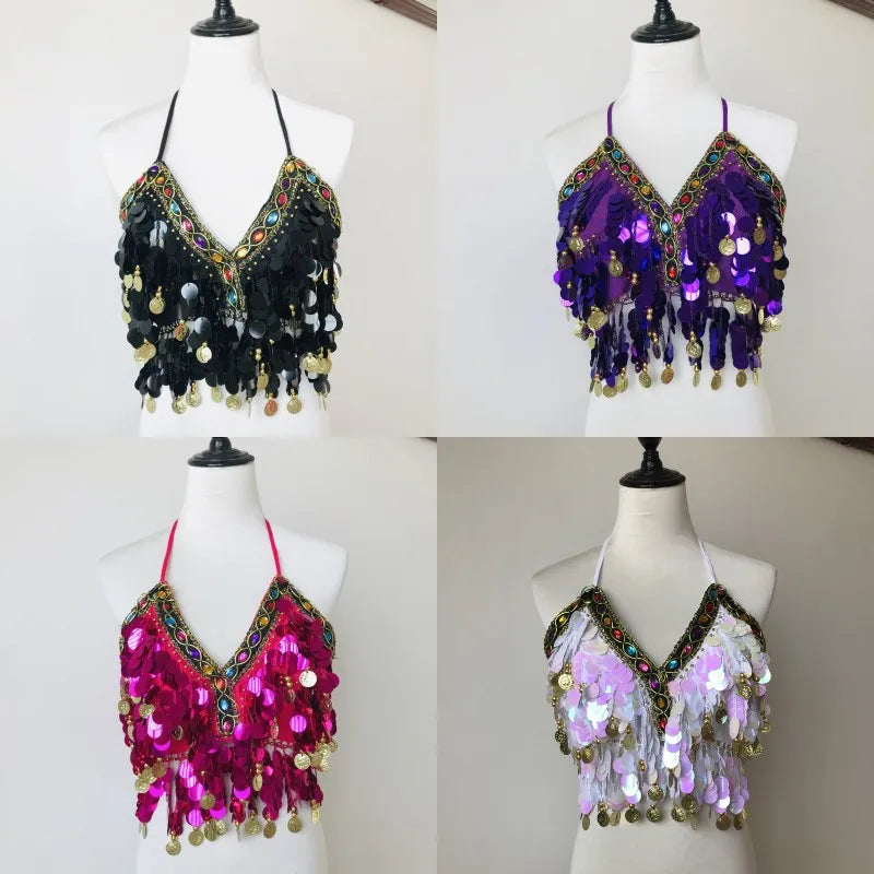 Shiny Colored Sequin Diamond Halter Crop Top for Women