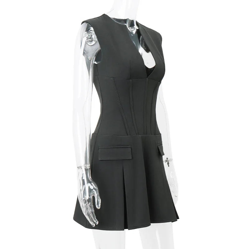 Dress With Deep V Neckline Sleeveless Mini Gray Corset Clubwear Flattering Silhouette Vintage