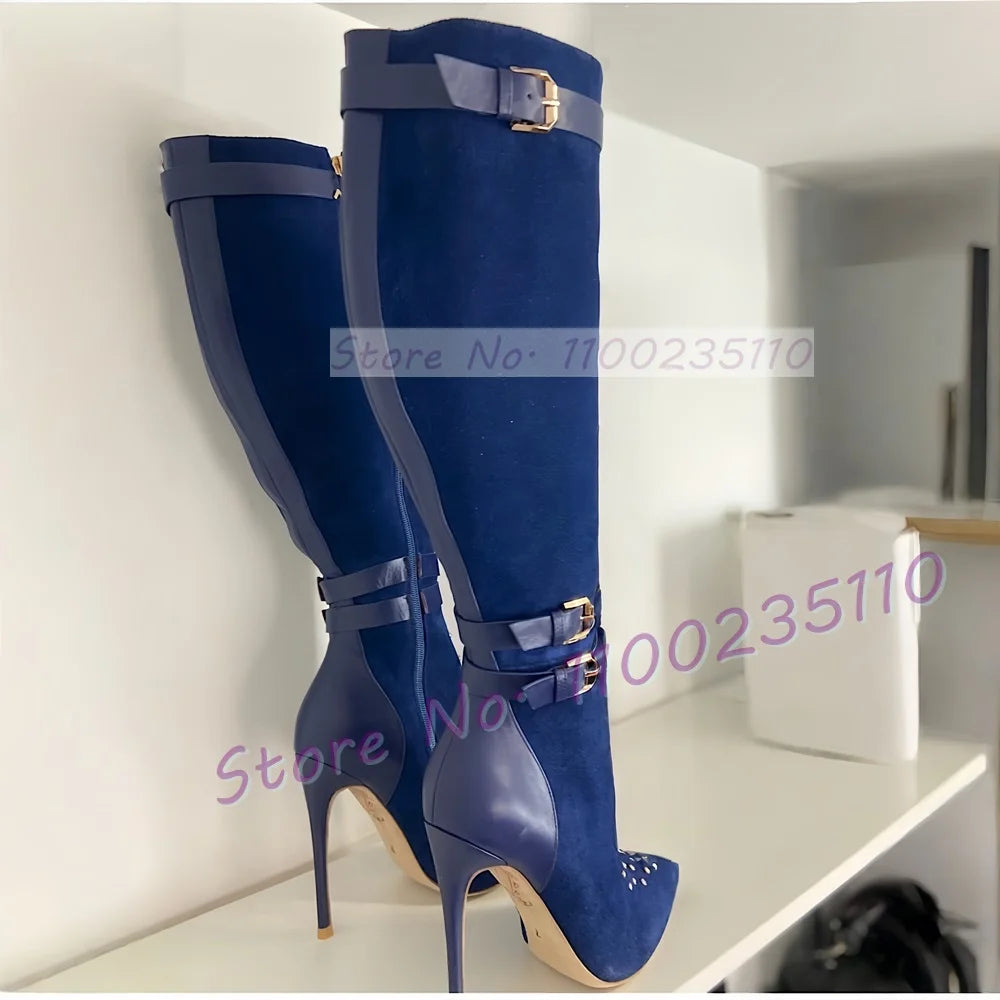 Crystal Embellished Pointed Toe Knee High Boots For Women