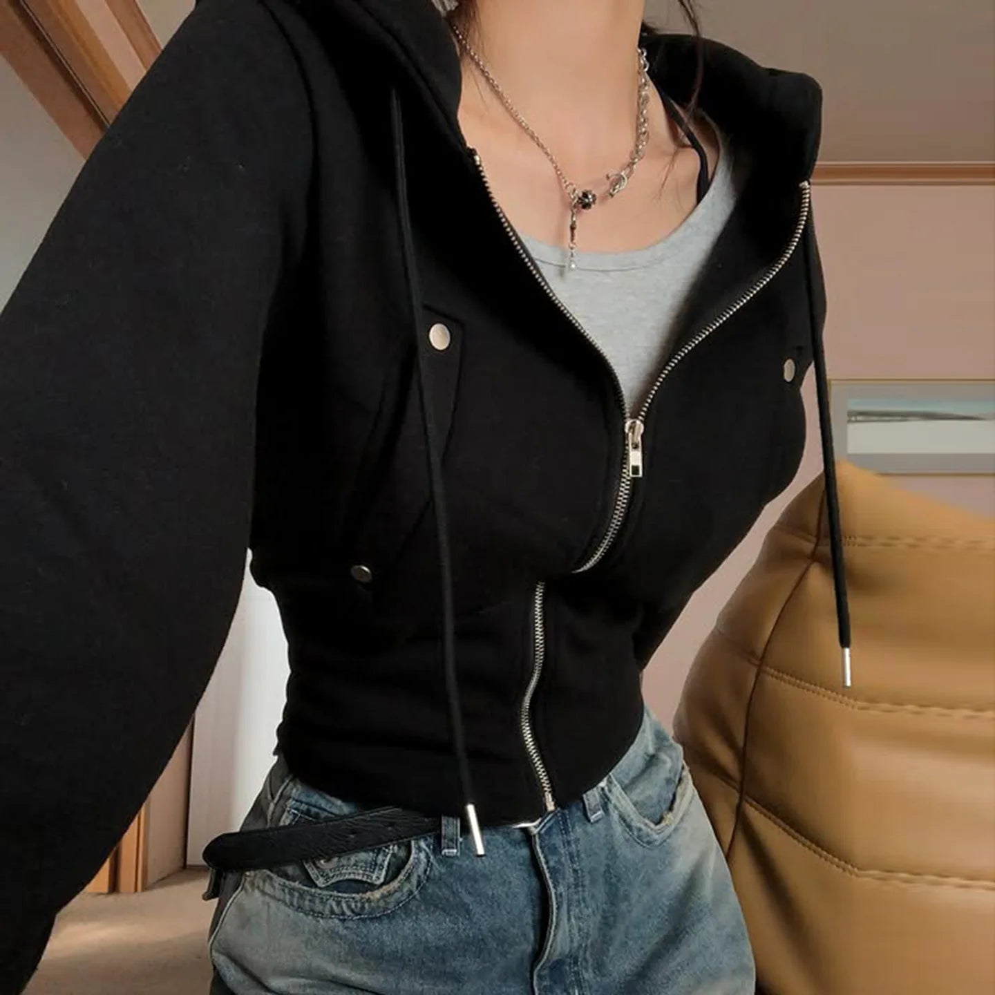 Y2K Winter Fashion Streetwear Women's Black Zip - Up Hoodie With Trendy Casual Long Sleeve Cropped Jacket Style Party