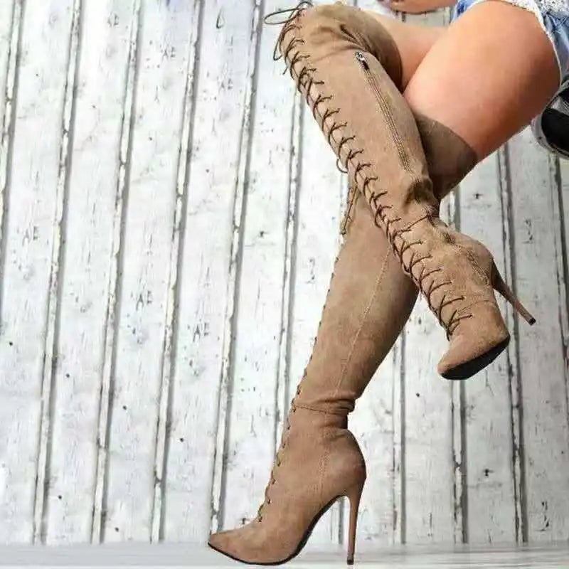Pointed Toe Lace Up Over The Knee Stiletto Boots for Women