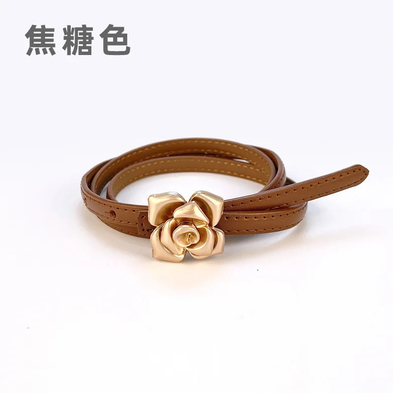 Double Sided Metal Flower Buckle Thin Belt for Women