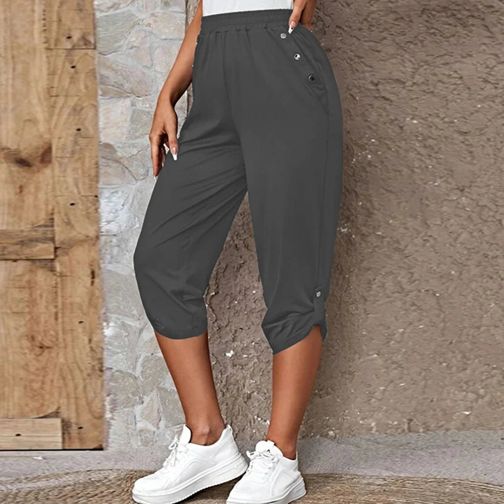 Women Elastic Waist Pants Summer Solid Color Casual Trousers Bottom Elegant Fashion Office Lady Loose Cropped Pants S-3XL