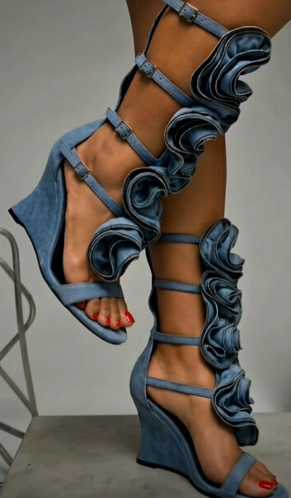 Light Blue Denim Wedge Sandals