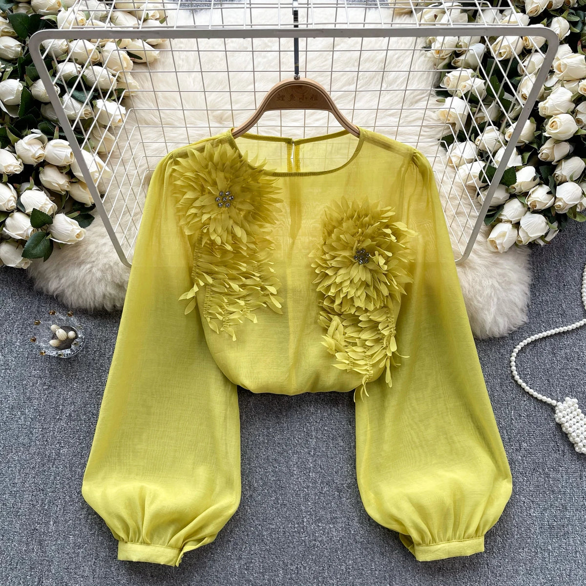 Sheer Floral Bohemian Long Sleeve Satin Blouse for Women
