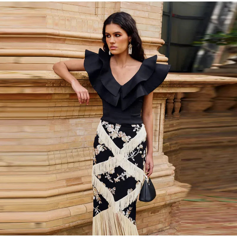 Ruffle V-Neck Sleeveless Blouse and Plaid Skirt Set for Women