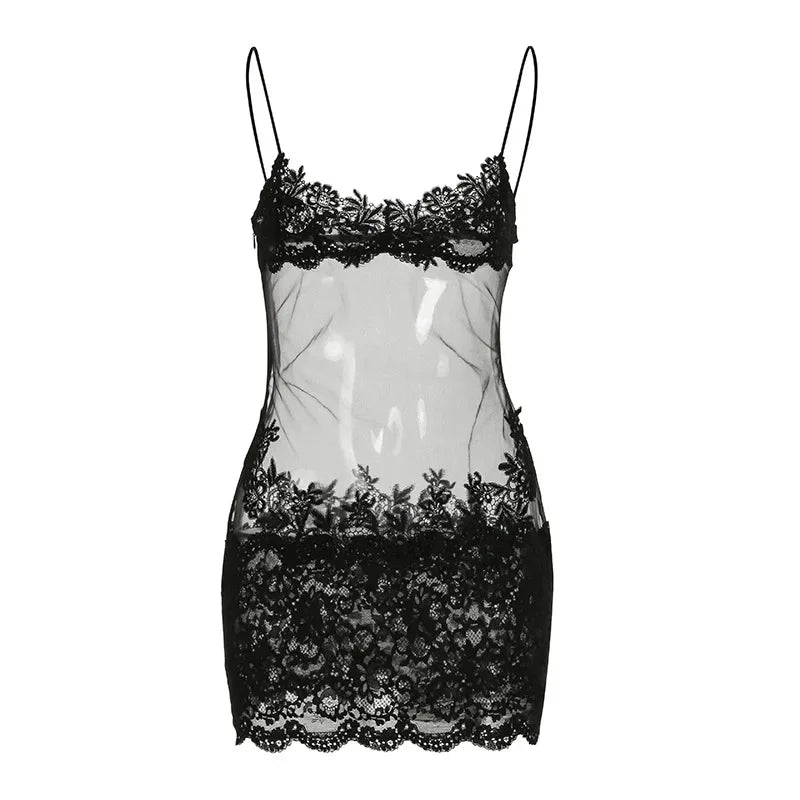 Patchwork Lace Y2K Party Dress Sleeveless Low Neck Mini for Women
