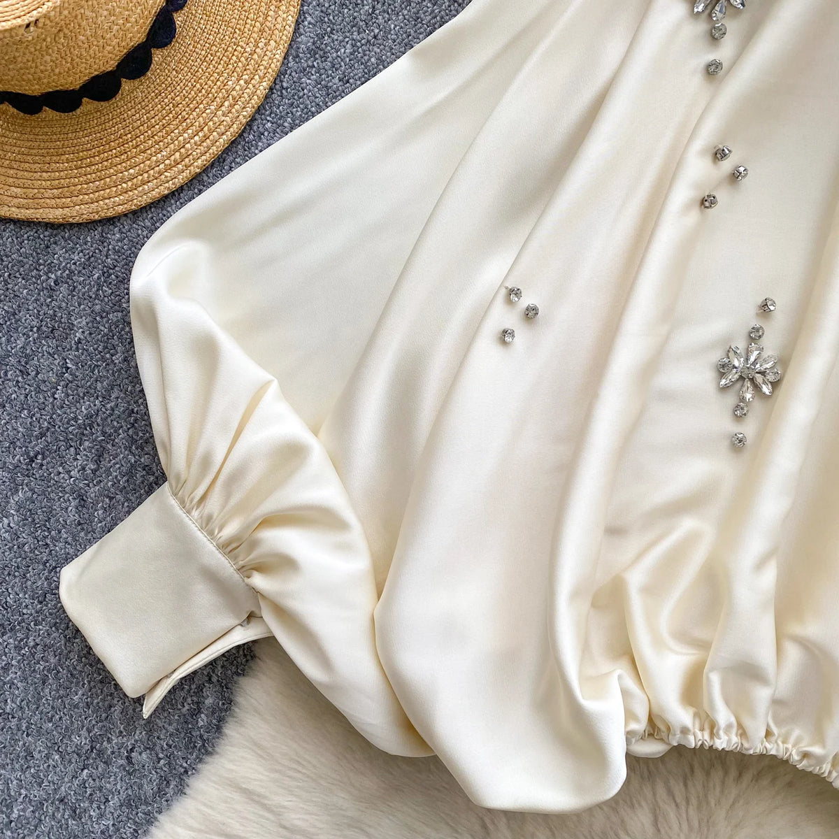 Elegant Beaded Satin Batwing Sleeve Blouse for Women