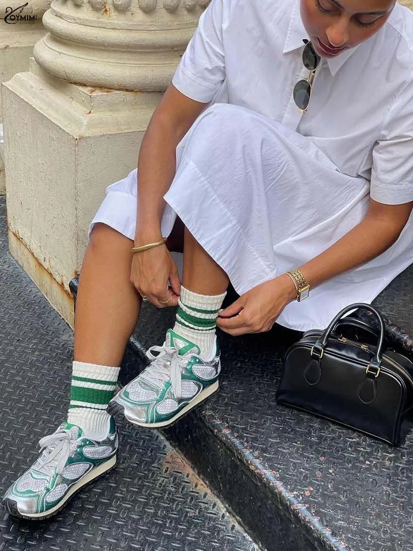 Oymimi Elegant White Cotton Dresses 2025 Woman Fashion Turn-Down Collar Half Sleeve Button Dress Casual Loose Mini Dress Female