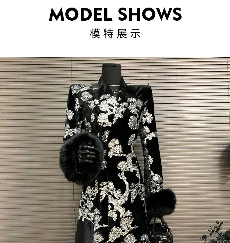 Black Velvet Sequins Windbreaker Coat Autumn/Winter New English style Luxury Sequin Embroidered Women's Coat