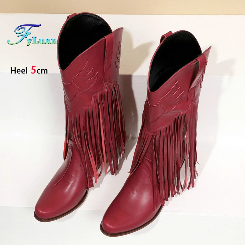 Retro Western Style Mid Calf Boots With Block Heel Tassels For Women