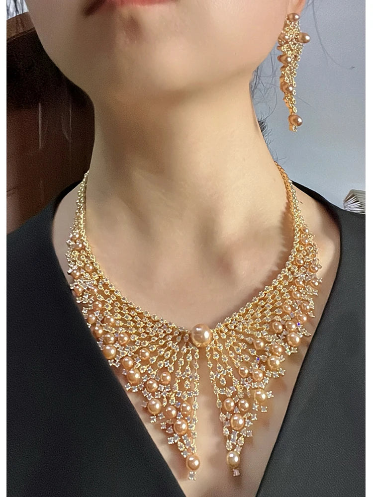 Luxurious Crystal Pearl Bridal Necklace Set for Women