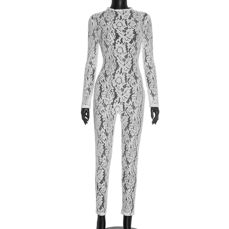 Elegant Sheer Lace Long Sleeve Skinny Jumpsuit for Women