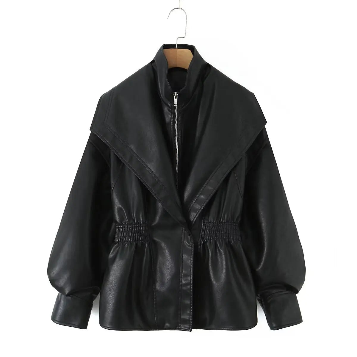 Cropped Oversized Black Leather Bomber Jacket for Women