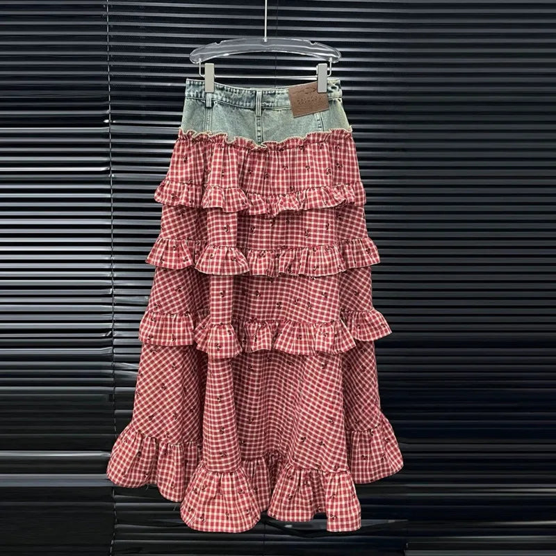 ANJY Spring Summer New Women Fashion Vintage Plaid Patchwork Denim Multi-layered Skirt Sweet Drawstring Short Sleeve Tops A24530