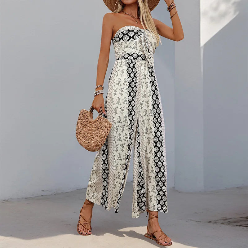 Printed Strapless Tube Top Tie Front Jumpsuit for Women