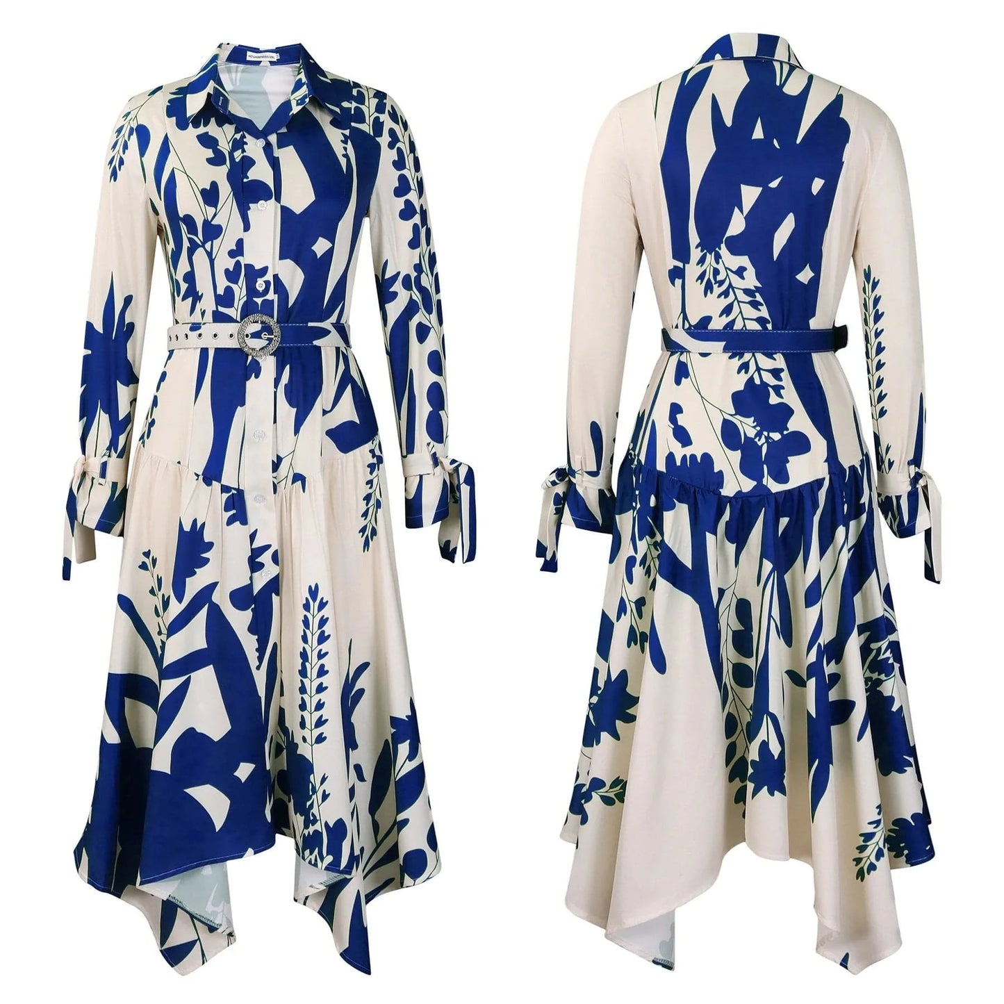 Elegant Printed Dresses Woman 2024 Turn Down Collar Single Breasted Full Sleeve Asymmetric Ankle Length Fashion Birthday Dress