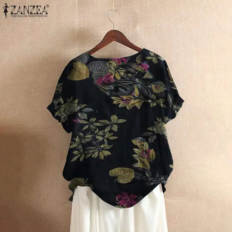 ZANZEA Women Cotton Shirt Fashion Floral Printed Tops Ladies Kaftan Chemise 2024 Summer Short Sleeve Blouses Causal O-neck Tunic