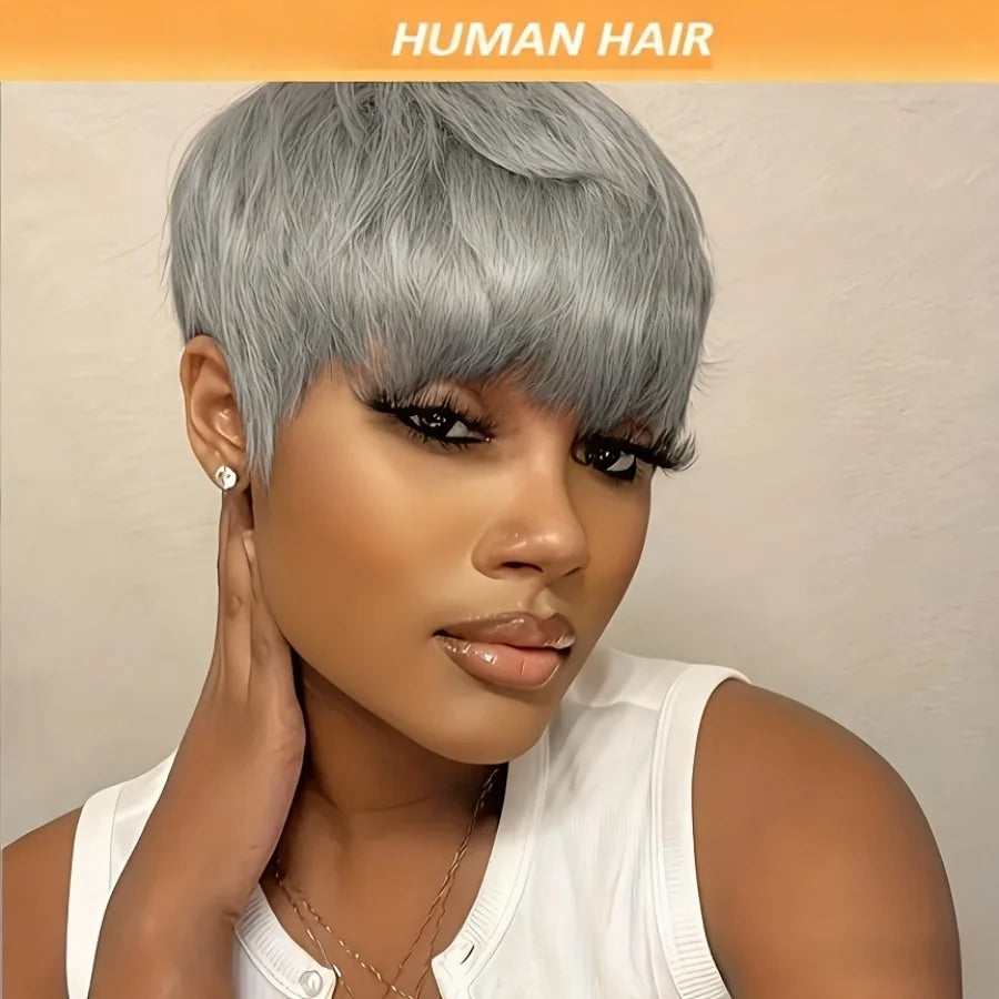 Short Layered Straight Grey Remy Human Hair Pixie Cut Wig For Women